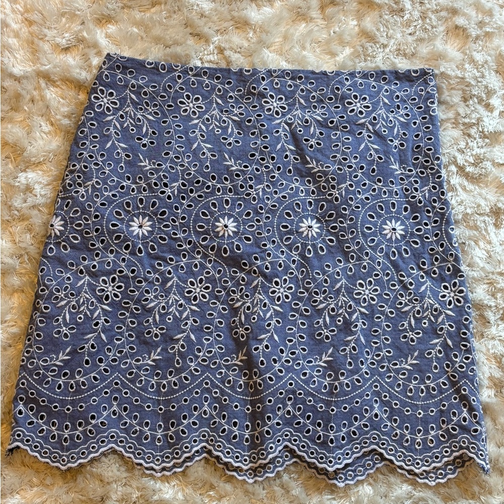 LOFT Blue and White Embroidered Skirt